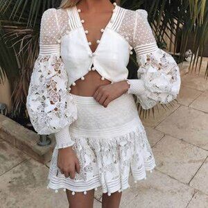 Zimmermann Corsage Pompom Embellished Guipure Lace Swiss Dot Tulle Mini b75